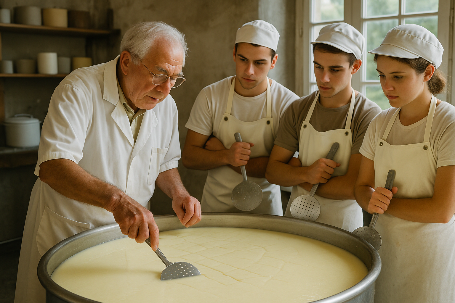 Young cheesemakers learning traditional methods